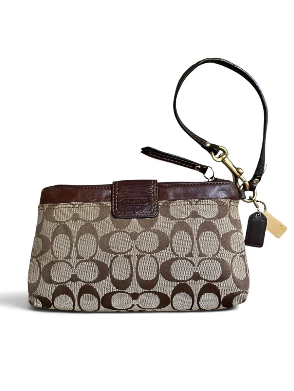Vintage Coach Signature Brown/Tan Canvas and Leather Turnlock Pouchette Wristlet